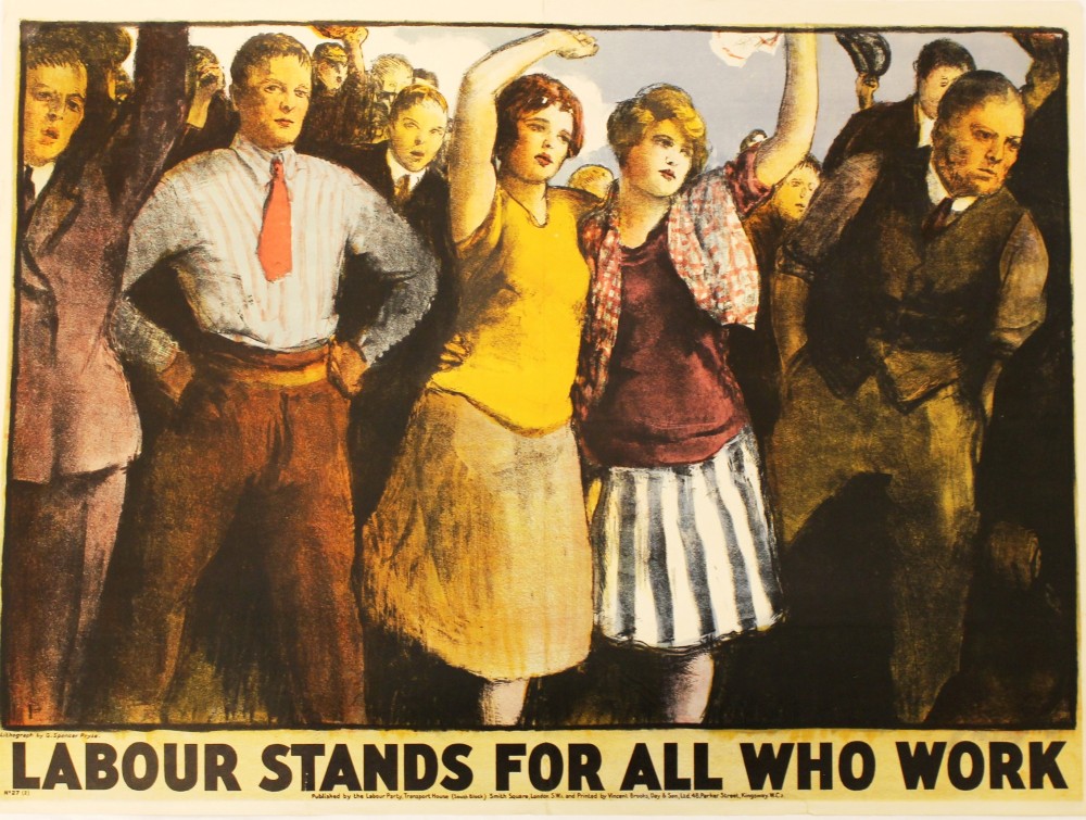 Drawing of concerned men and women waving and staring.